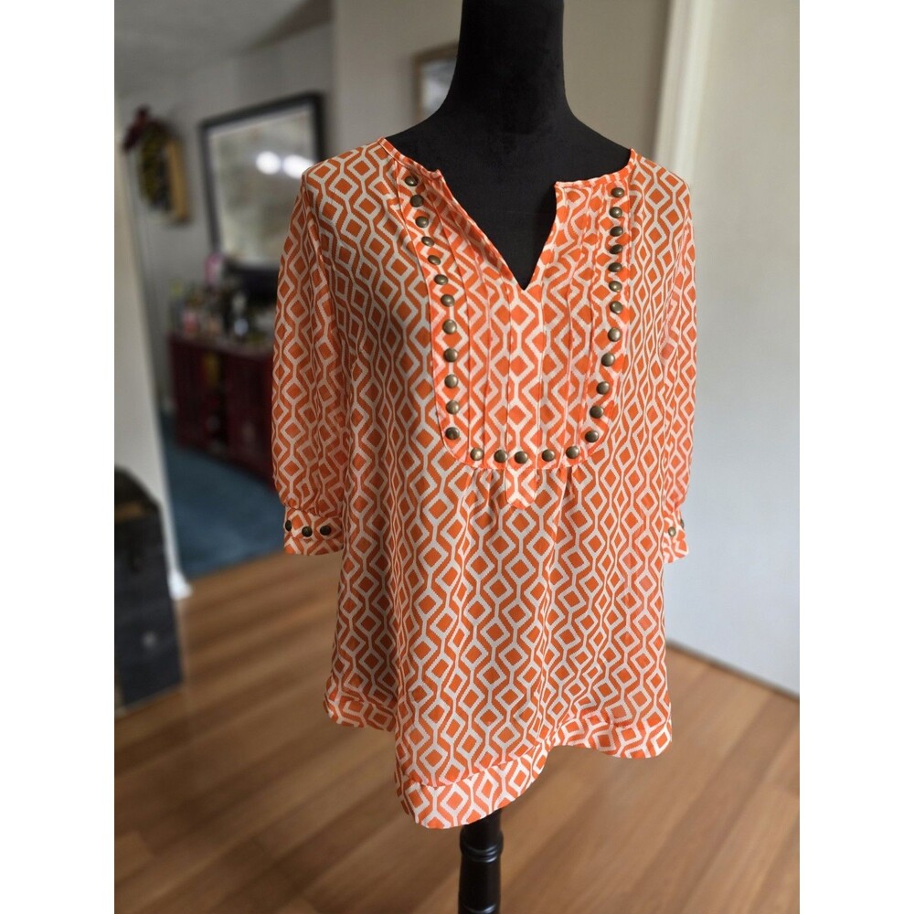41Hawthorn Large Stitch Fix Orange White Moni Chiffon Studded Short Sleeve Shirt